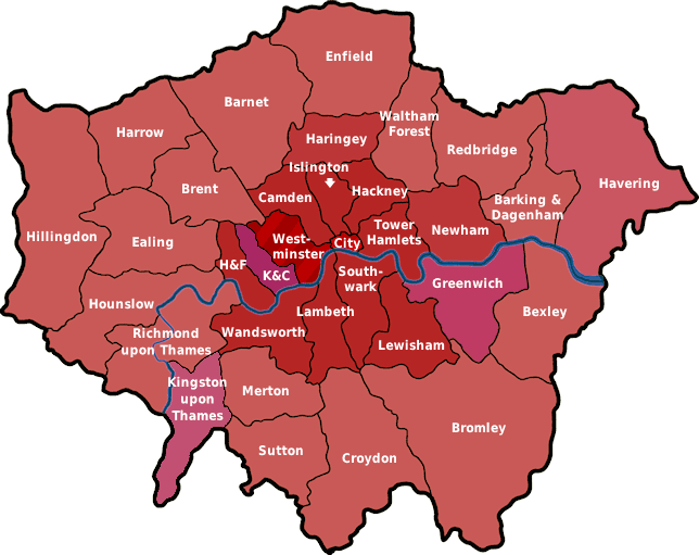 Map of Greater London showing all 33 boroughs